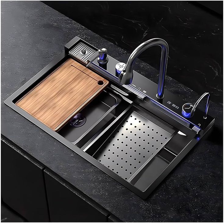 Image de évier de cuisine moderne en acier inoxydable noir élégant avec accessoires - Unbranded