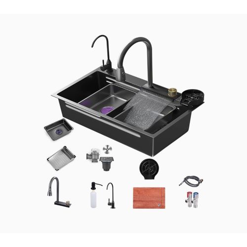 Image de Ferri Evier cuisine noir avec mitigeur (60/45 cm) en inox handmade - Unbranded