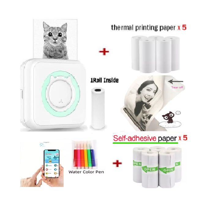 Image de Imprimante portable sans encre, Bluetooth, sans fil, papier thermique, étiquettes autocollants, Android, IOS, 11 rouleaux - Unbranded