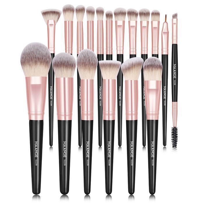 Image de Kit de 18 pinceaux de maquillage - manche noir tube rose doré - Unbranded