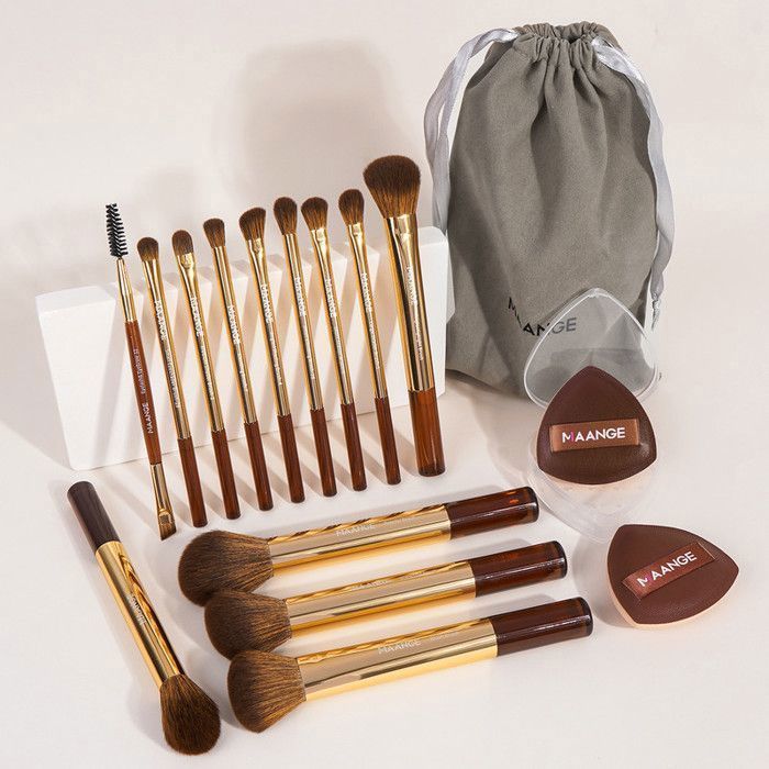 Image de Lot de 13 pinceaux de maquillage avec 2 houppettes et un sac - Café doré - Unbranded