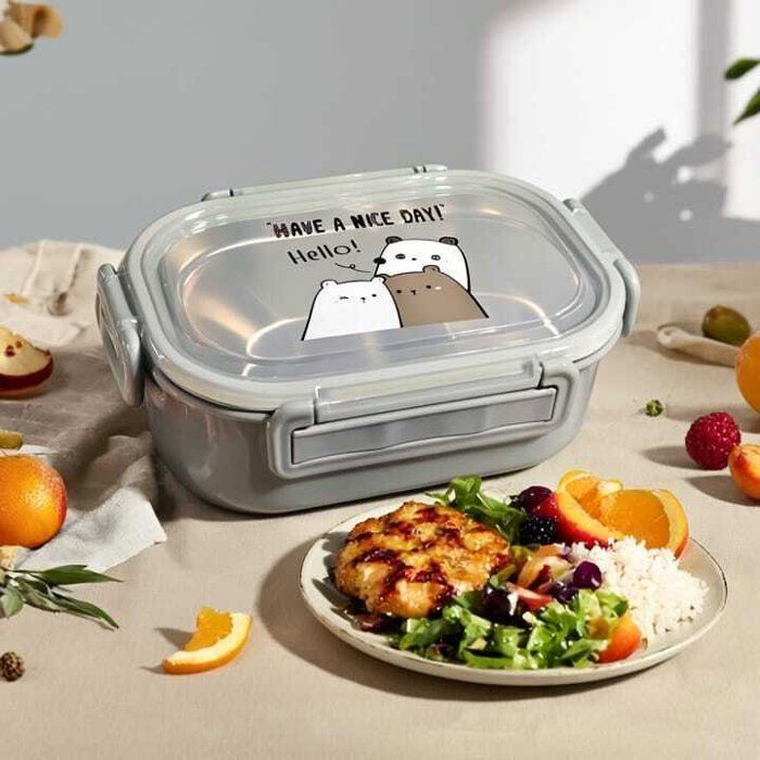 Lunch box à deux compartiments sur inox avec cuillère – Idéal école &amp; travail HAVE NICE DAY ,