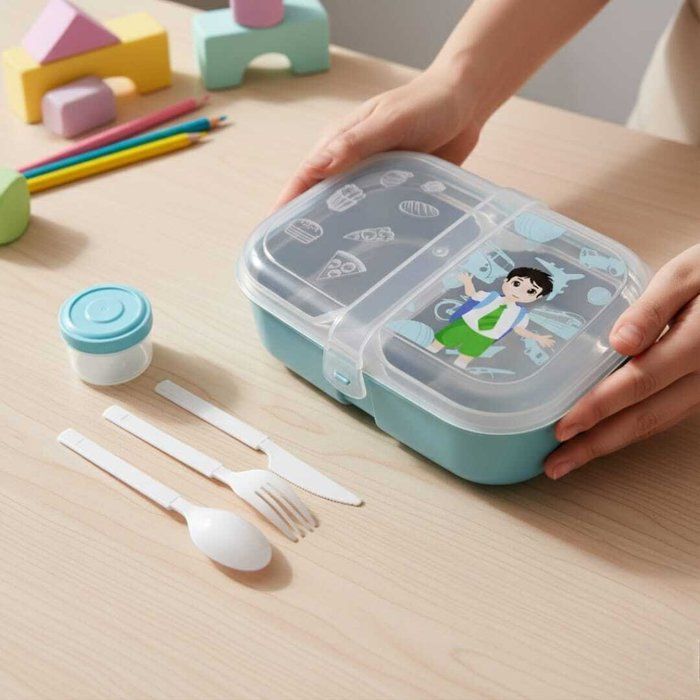 Image de Lunch box à deux compartiments sur inox -couverts en plastique alimentaire-boite à sauce