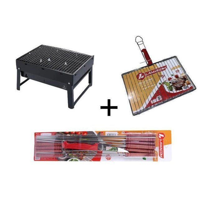 Image de Pack Barbecue pliable à charbon 34/26cm + Grille Viande manche inox 34/23cm - Unbranded