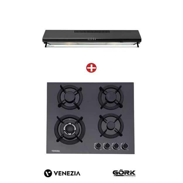 Image de Pack de cuisson Venezia, Plaque de cuisson noir en verre - l Hotte Aspirante Sous Meuble Noir 60cm