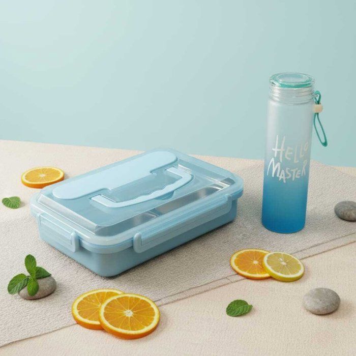 Pack Lunch box +gourde 900ml en plastique alimentaire sans BPA 4 compartiments en inox -couvert en inox -