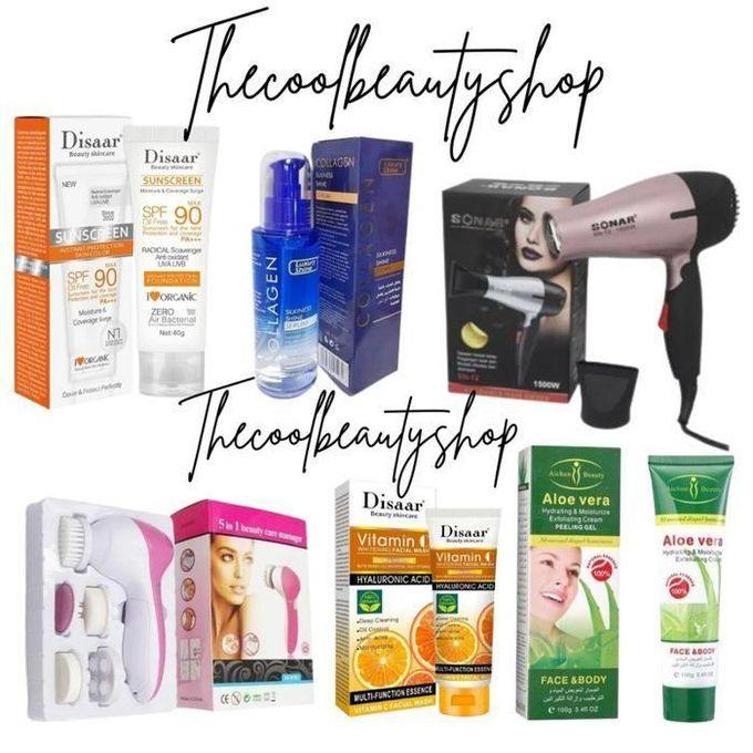 Image de pack pour soins cheveux et visage (séche-cheveux multicolors +serum collagene+ecran invisible+brosse 5 in1 + nettoyant visade+scrub aloe vera) - Unbranded