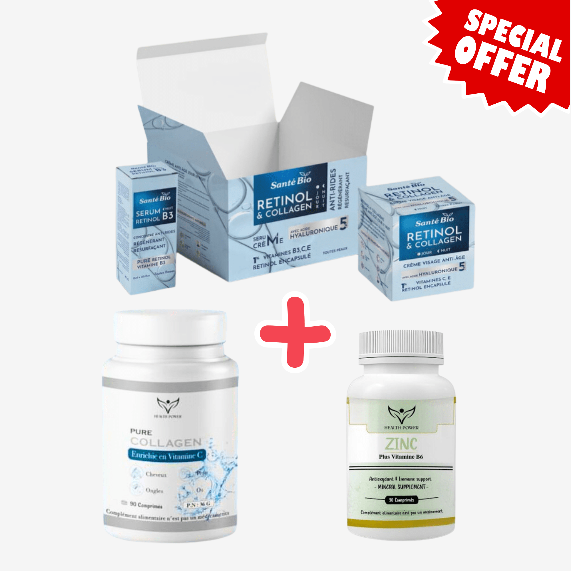 Image de PACK SANTE BIO RETINOL COLLAGENE SERUM + CREME ANTI RIDES + PACK HEALTH POWER COLLAGEN 90 COMPRIMES + ZINC B6 - Unbranded