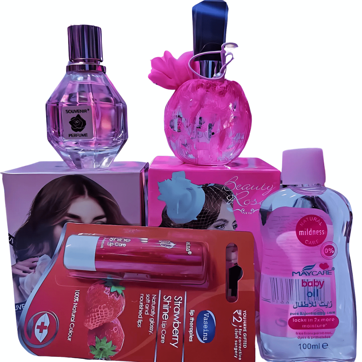 Image de Pack Souvenir Parfumé et Beauty Rosa + Maycare Baby Oil + Strawberry Shine Lip Care - Unbranded