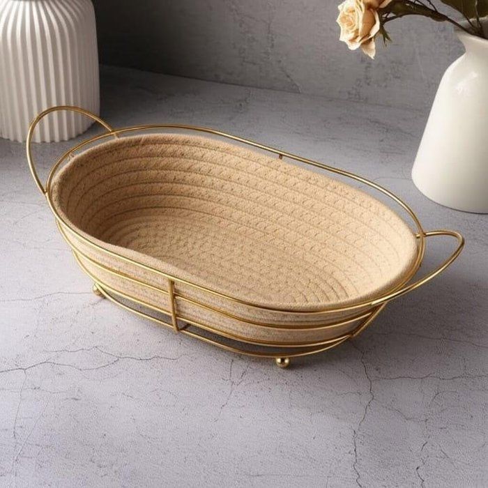 Image de Panier à pain doré avec doublure en tissu – Panier en métal ovale pour pain - Unbranded