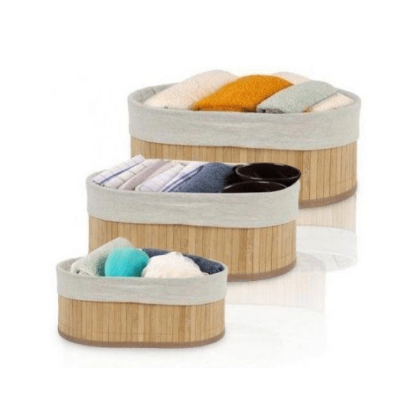 Image de Paniers de rangement - Compactor - Lot de 3 - Bambou naturel - Doublure en tissu - Rectangulaires - Unbranded