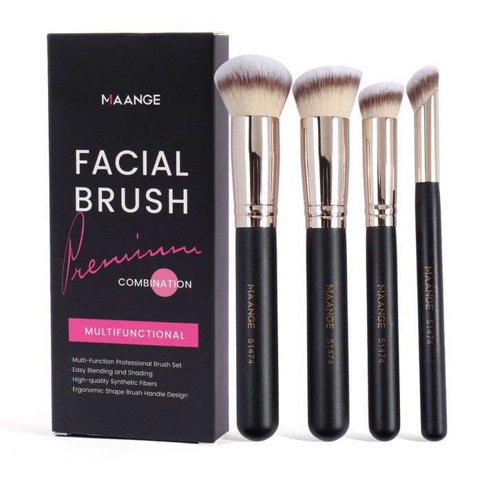 Image de Pinceaux de maquillage - MAANGE - Set de 4 - Poignée en bois - Fibres synthétiques - Doux et portable - Unbranded