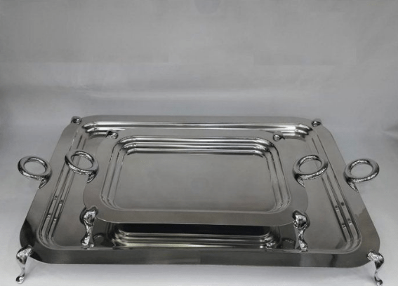 Image de PLATEAU EN INOX SEDEN EN INOX ANSES ARGENTE GM A PIED 18 CARATS COULEUR ARGENTE 47CM/34,5CM - Unbranded