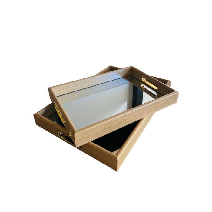 Image de Plateaux en bambou - Ensemble 2 plateaux - Détails dorés - Rectangulaires - Pratiques - Unbranded