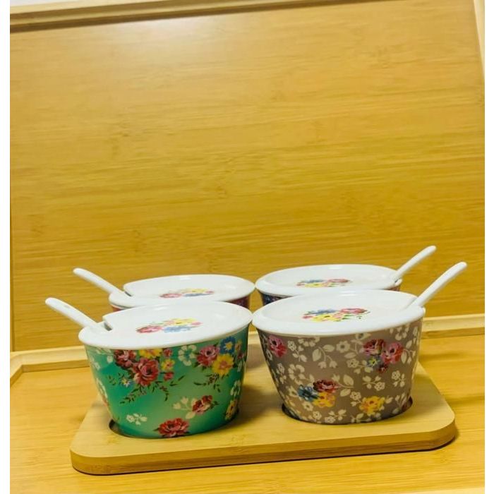 Image de Presentoir 5 pieces avec 4 pots en porcelaines couleur avec ceuillere de service avec couvercle - Unbranded