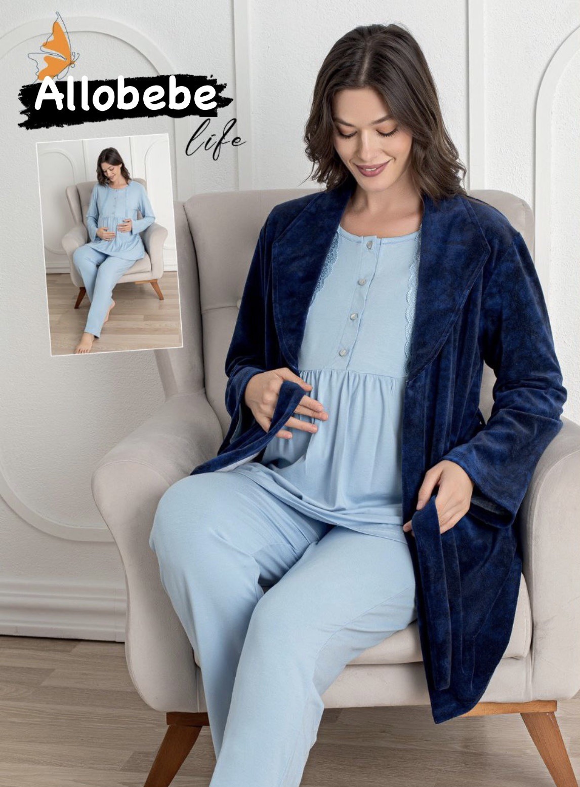 Image de Pyjama grossesse et allaitement avec peignoir bleu - Unbranded