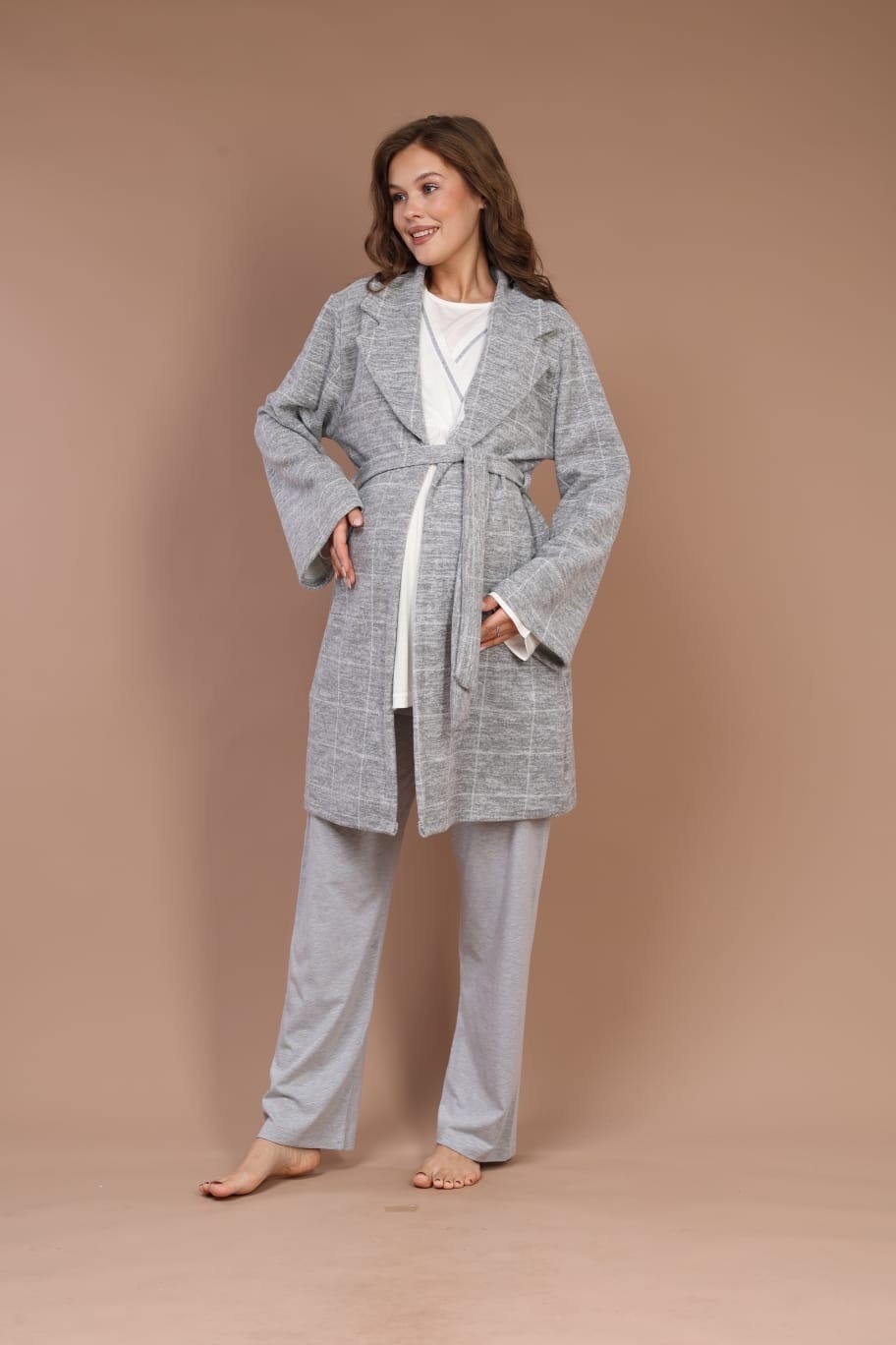 Image de Pyjama grossesse et allaitement avec peignoir en gris - Unbranded