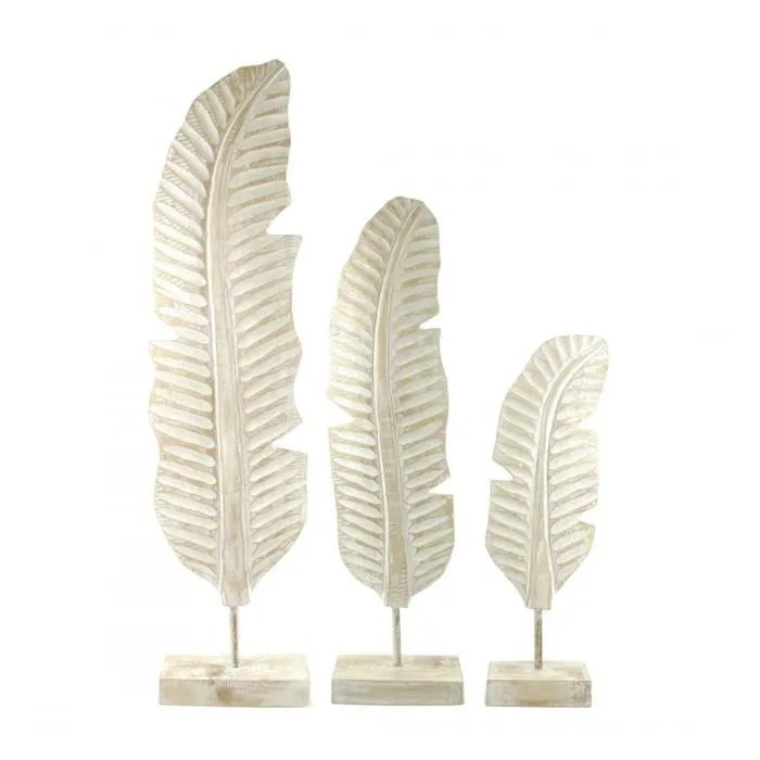 Image de Set de 3 Feuilles de bananier en Bois sculpté 45/65/80cm - Coloris Naturel patiné Blanc - Unbranded