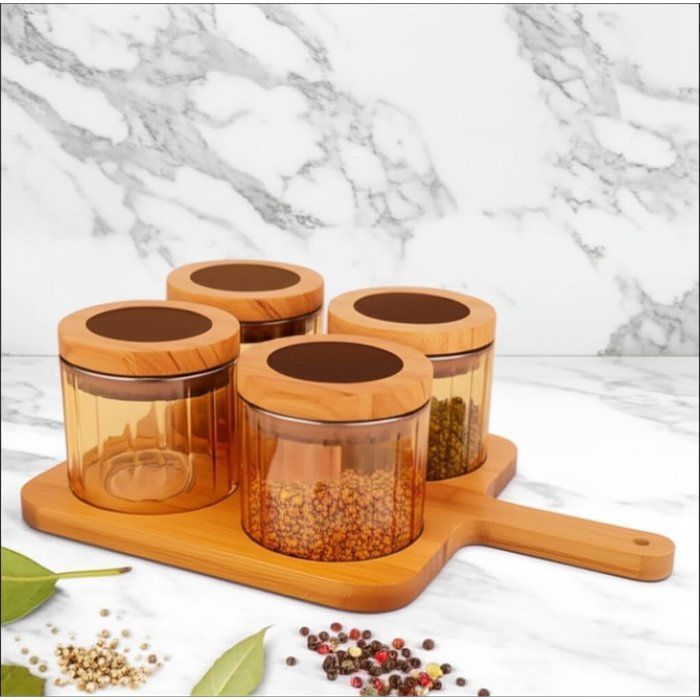 Image de Set de 4 boîtes en verre ambré avec couvercles en bois et plateau assorti - Unbranded
