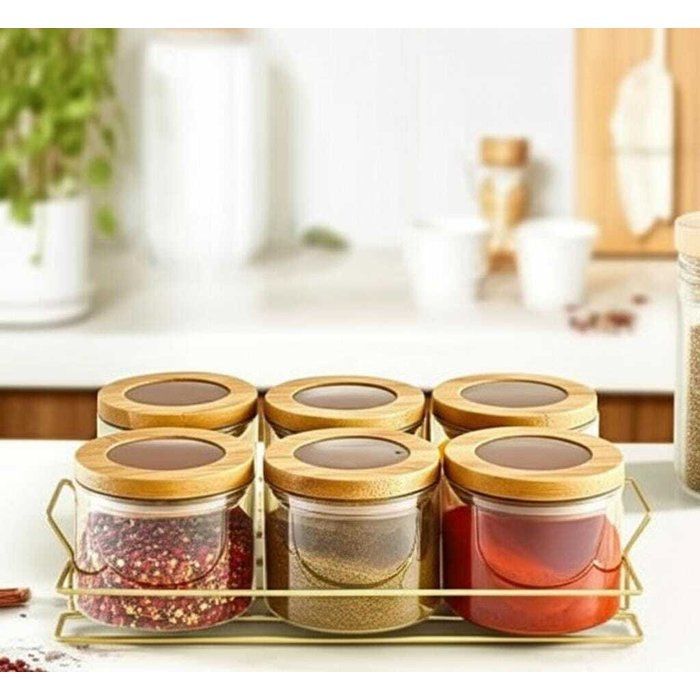 Image de Set de 6 bocaux en verre ambré avec couvercles en bois + support doré - Unbranded