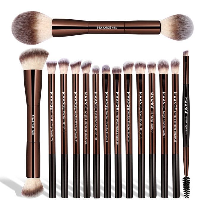 Image de Set de pinceaux de maquillage - MAANGE - 15pcs - Double face - Poignée en aluminium - Doux et souple - Unbranded
