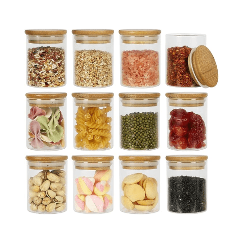 Image de WAITER TREE Lot de 12 bocaux en verre hermétique-Pots de conservation avec couvercle en bambou 400ml-Bocal en verre rangement cuisine pour épice spaghetti café céréales - Unbranded